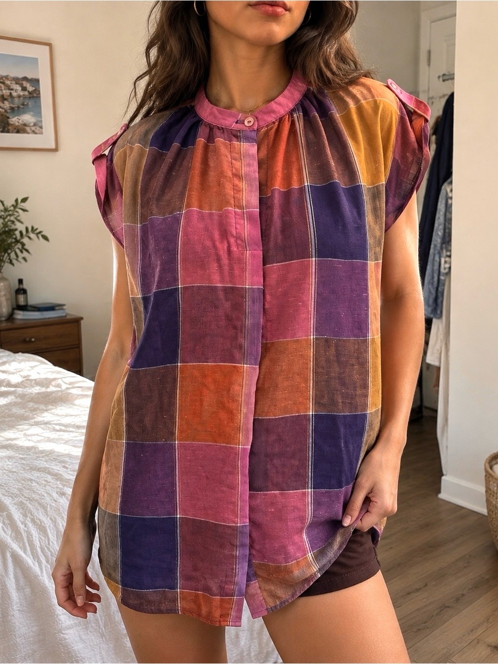Vintage Topics California Y2K Colorful Plaid Tunic Blouse